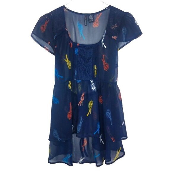 Fire Los Angeles》Bird Print, Sheer, Hi-Lo, Baby Doll Tie Back Tunic - Picture 1 of 11